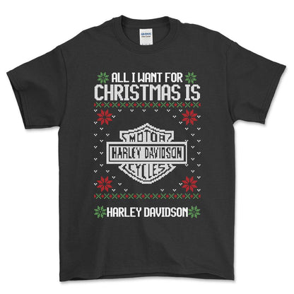 Harley Davidson - All I Want For Christmas - Unisex T-Shirt , Bomuld-Beklædning-Harley Davidson-Sort-S-Forside-Garage Culture Shop- garage - man cave - merchandise