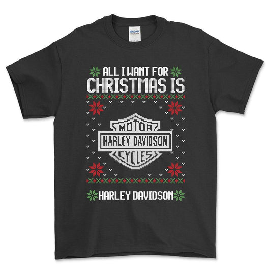 Harley Davidson - All I Want For Christmas - Unisex T-Shirt , Bomuld-Beklædning-Harley Davidson-Sort-S-Forside-Garage Culture Shop- garage - man cave - merchandise