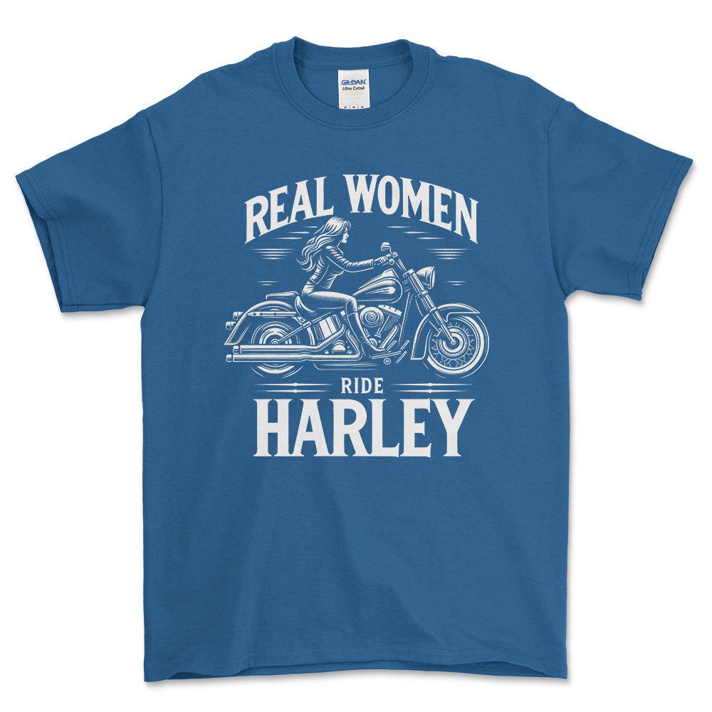 Harley Real Women Ride Harley - Unisex T-Shirt , Bomuld-Beklædning-Harley Davidson-Blå Royal-S-Forside-Garage Culture Shop- garage - man cave - merchandise