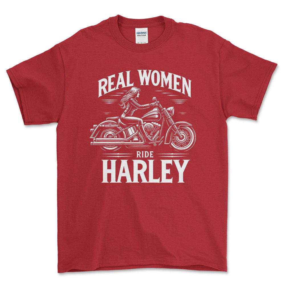 Harley Real Women Ride Harley - Unisex T-Shirt , Bomuld-Beklædning-Harley Davidson-Rød-S-Forside-Garage Culture Shop- garage - man cave - merchandise