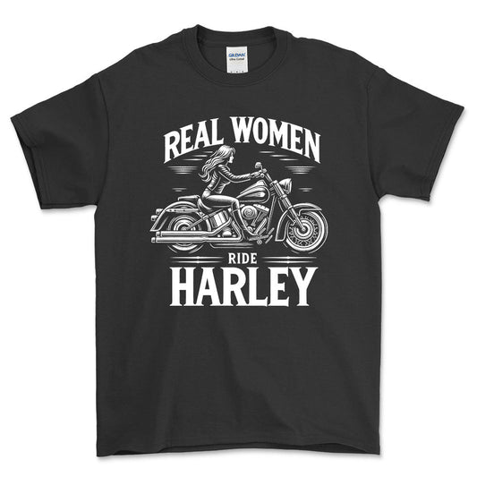 Harley Real Women Ride Harley - Unisex T-Shirt , Bomuld-Beklædning-Harley Davidson-Sort-S-Forside-Garage Culture Shop- garage - man cave - merchandise