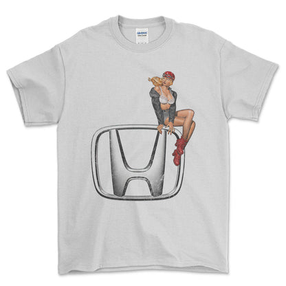 Honda Pinup - Unisex T-Shirt , Bomuld-Beklædning-Honda-Hvid-S-Forside-Garage Culture Shop- garage - man cave - merchandise