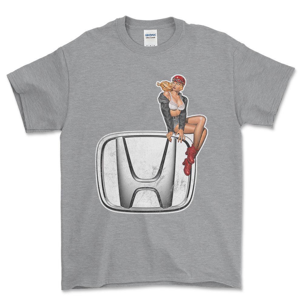 Honda Pinup - Unisex T-Shirt , Bomuld-Beklædning-Honda-Grå Sport-S-Forside-Garage Culture Shop- garage - man cave - merchandise