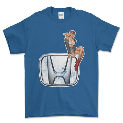 Honda Pinup - Unisex T-Shirt , Bomuld-Beklædning-Honda-Blå Royal-S-Forside-Garage Culture Shop- garage - man cave - merchandise