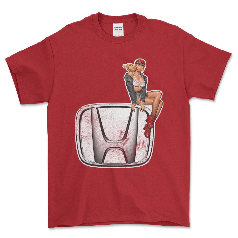 Honda Pinup - Unisex T-Shirt , Bomuld-Beklædning-Honda-Rød-S-Forside-Garage Culture Shop- garage - man cave - merchandise