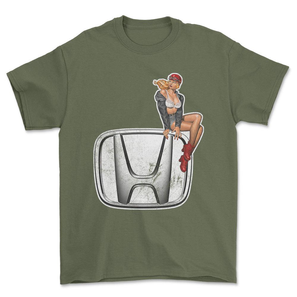 Honda Pinup - Unisex T-Shirt , Bomuld-Beklædning-Honda-Grøn Militær-S-Forside-Garage Culture Shop- garage - man cave - merchandise