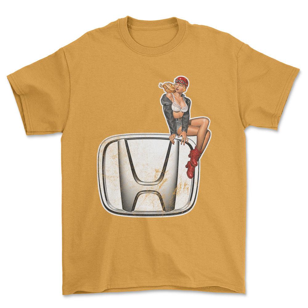 Honda Pinup - Unisex T-Shirt , Bomuld-Beklædning-Honda-Guld-S-Forside-Garage Culture Shop- garage - man cave - merchandise