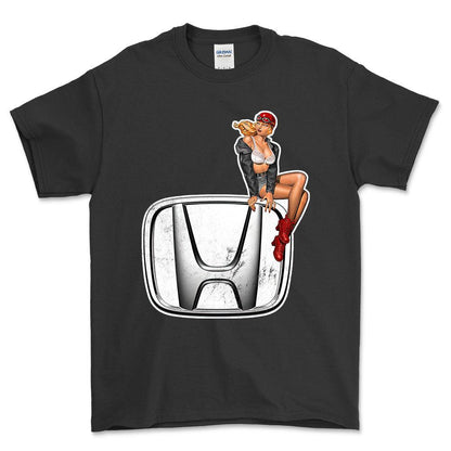 Honda Pinup - Unisex T-Shirt , Bomuld-Beklædning-Honda-Sort-S-Forside-Garage Culture Shop- garage - man cave - merchandise