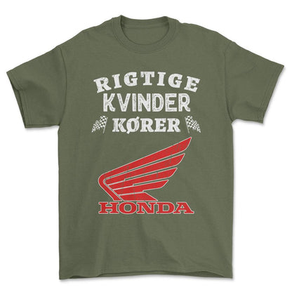 Honda Rigtige Kvinder Kører - Unisex T-Shirt , Bomuld-Beklædning-Honda-Grøn Militær-S-Forside-Garage Culture Shop- garage - man cave - merchandise