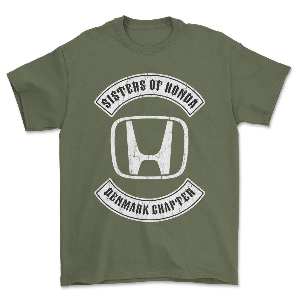 Honda Sisters Of Honda Denmark Chapter Unisex T-Shirt , Bomuld-Beklædning-Honda-Grøn Militær-S-Forside-Garage Culture Shop- garage - man cave - merchandise