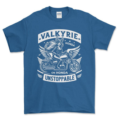 Honda Valkyrie On Honda Unstoppable - Unisex T-Shirt , Bomuld-Beklædning-Honda-Blå Royal-S-Forside-Garage Culture Shop- garage - man cave - merchandise