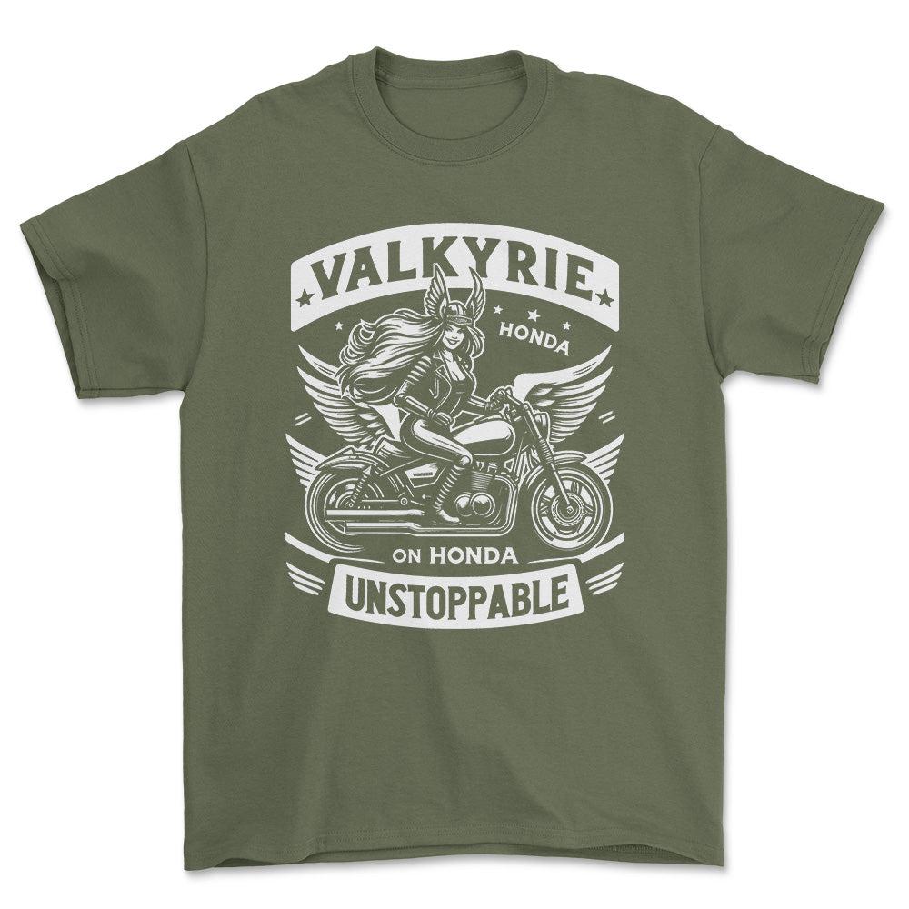 Honda Valkyrie On Honda Unstoppable - Unisex T-Shirt , Bomuld-Beklædning-Honda-Grøn Militær-S-Forside-Garage Culture Shop- garage - man cave - merchandise