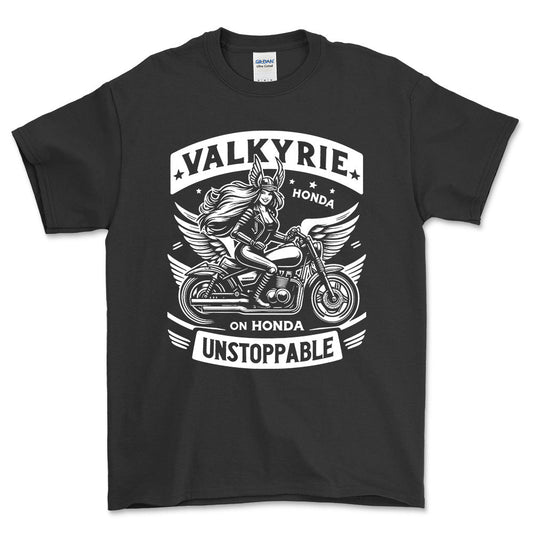 Honda Valkyrie On Honda Unstoppable - Unisex T-Shirt , Bomuld-Beklædning-Honda-Sort-S-Forside-Garage Culture Shop- garage - man cave - merchandise