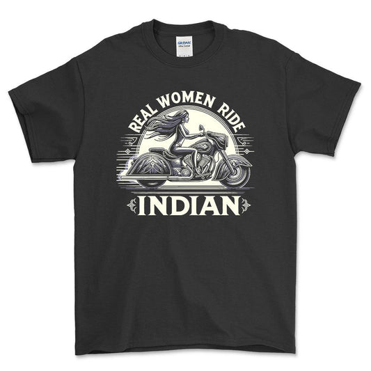 Indian - Real Women Ride Indian - Unisex T-Shirt , Bomuld-Beklædning-Indian-Sort-S-Forside-Garage Culture Shop- garage - man cave - merchandise