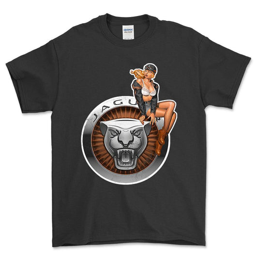 Jaguar Pinup - Unisex T-Shirt , Bomuld-Beklædning-Jaguar-Sort-S-Forside-Garage Culture Shop- garage - man cave - merchandise