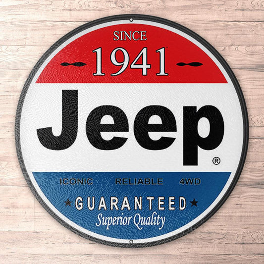 Jeep Superior Quality Since 1941, Runde Skilte , Musemåtte Rundt , Kop Underlag, Underlagssæt-Runde Skilte-Jeep-Garage Culture Shop- garage - man cave - merchandise