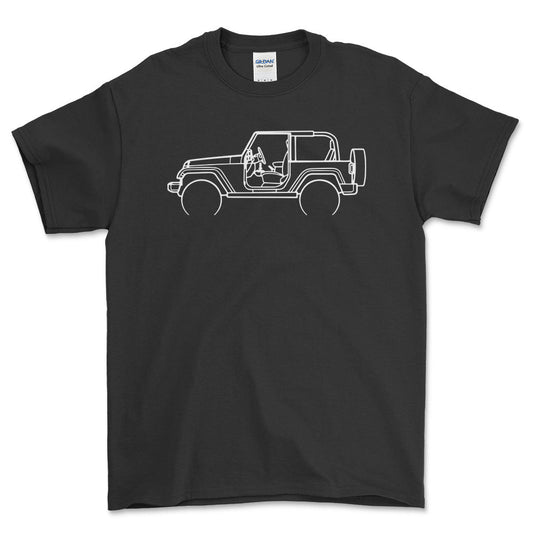 Jeep Wrangler Rubicon 2008 Outline - Unisex T-Shirt , Bomuld-Beklædning-Jeep-Sort-S-Forside-Garage Culture Shop- garage - man cave - merchandise