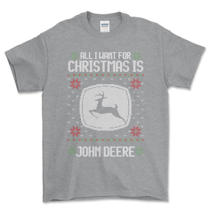 John Deere - All I Want For Christmas - Unisex T-Shirt , Bomuld-Beklædning-John Deere-Grå Sport-S-Forside-Garage Culture Shop- garage - man cave - merchandise