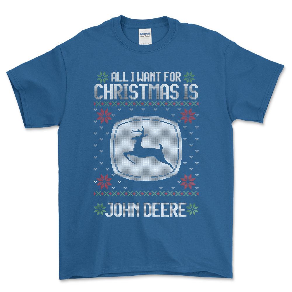 John Deere - All I Want For Christmas - Unisex T-Shirt , Bomuld-Beklædning-John Deere-Blå Royal-S-Forside-Garage Culture Shop- garage - man cave - merchandise