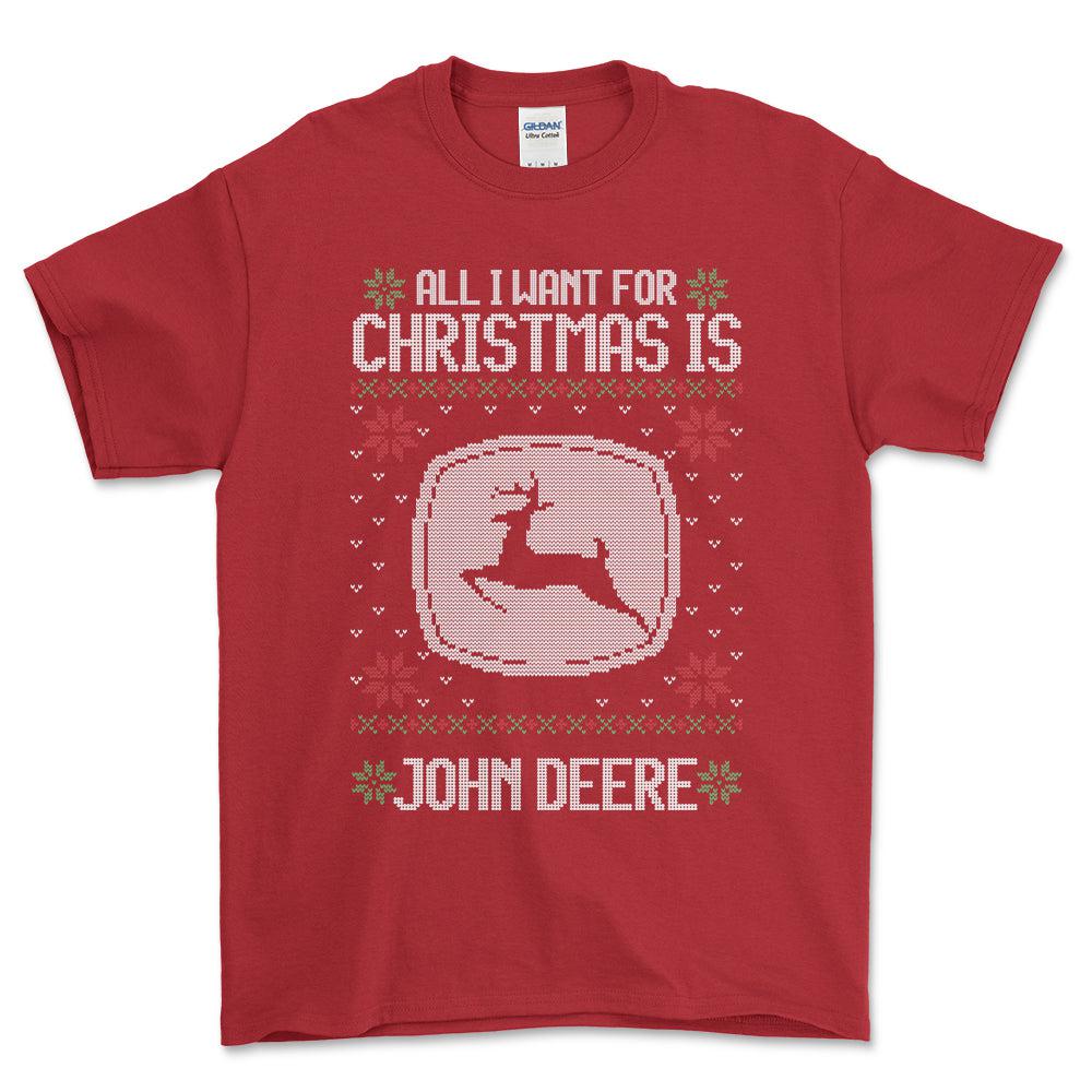 John Deere - All I Want For Christmas - Unisex T-Shirt , Bomuld-Beklædning-John Deere-Rød-S-Forside-Garage Culture Shop- garage - man cave - merchandise