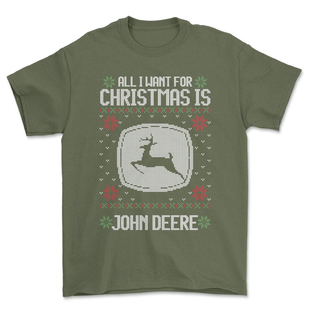 John Deere - All I Want For Christmas - Unisex T-Shirt , Bomuld-Beklædning-John Deere-Grøn Militær-S-Forside-Garage Culture Shop- garage - man cave - merchandise