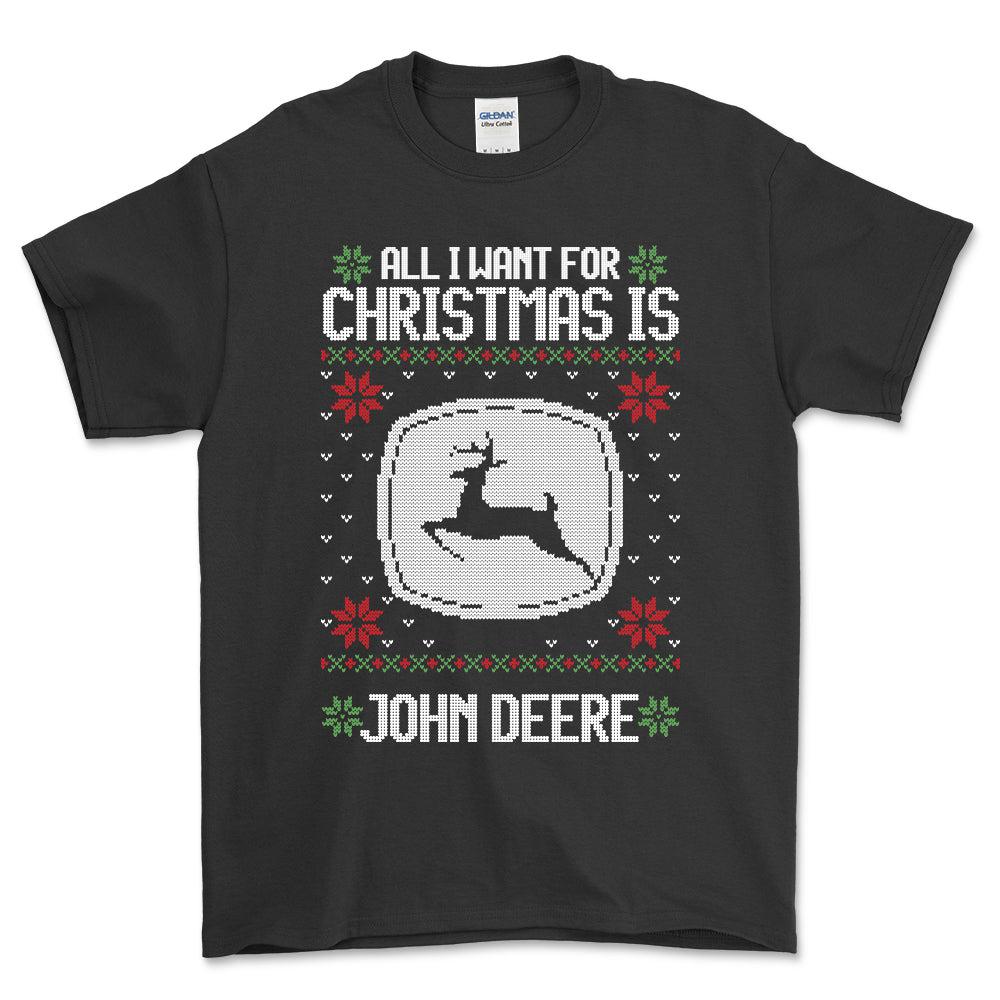 John Deere - All I Want For Christmas - Unisex T-Shirt , Bomuld-Beklædning-John Deere-Sort-S-Forside-Garage Culture Shop- garage - man cave - merchandise