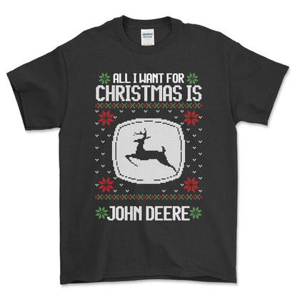 John Deere - All I Want For Christmas - Unisex T-Shirt , Bomuld-Beklædning-John Deere-Sort-S-Forside-Garage Culture Shop- garage - man cave - merchandise