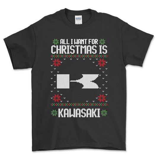 Kawasaki - All I Want For Christmas - Unisex T-Shirt , Bomuld-Beklædning-Kawasaki-Sort-S-Forside-Garage Culture Shop- garage - man cave - merchandise