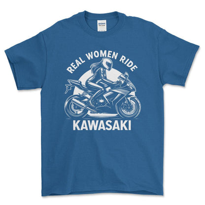 Kawasaki Real Women Ride Kawasaki - Unisex T-Shirt , Bomuld-Beklædning-Kawasaki-Blå Royal-S-Forside-Garage Culture Shop- garage - man cave - merchandise