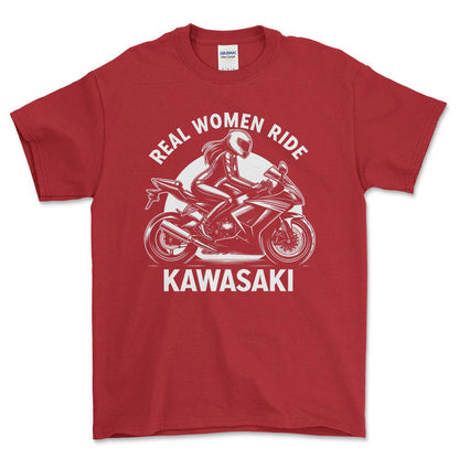 Kawasaki Real Women Ride Kawasaki - Unisex T-Shirt , Bomuld-Beklædning-Kawasaki-Rød-S-Forside-Garage Culture Shop- garage - man cave - merchandise