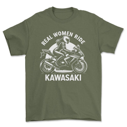 Kawasaki Real Women Ride Kawasaki - Unisex T-Shirt , Bomuld-Beklædning-Kawasaki-Grøn Militær-S-Forside-Garage Culture Shop- garage - man cave - merchandise