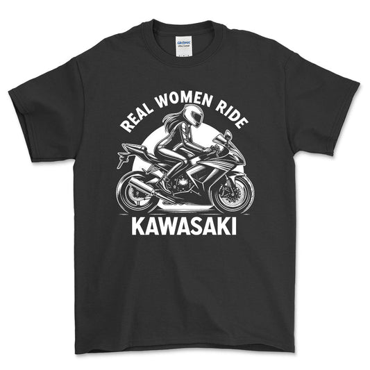 Kawasaki Real Women Ride Kawasaki - Unisex T-Shirt , Bomuld-Beklædning-Kawasaki-Sort-S-Forside-Garage Culture Shop- garage - man cave - merchandise