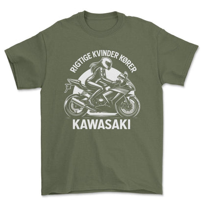 Kawasaki Rigtige Kvinder Kører Kawasaki - Unisex T-Shirt , Bomuld-Beklædning-Kawasaki-Grøn Militær-S-Forside-Garage Culture Shop- garage - man cave - merchandise