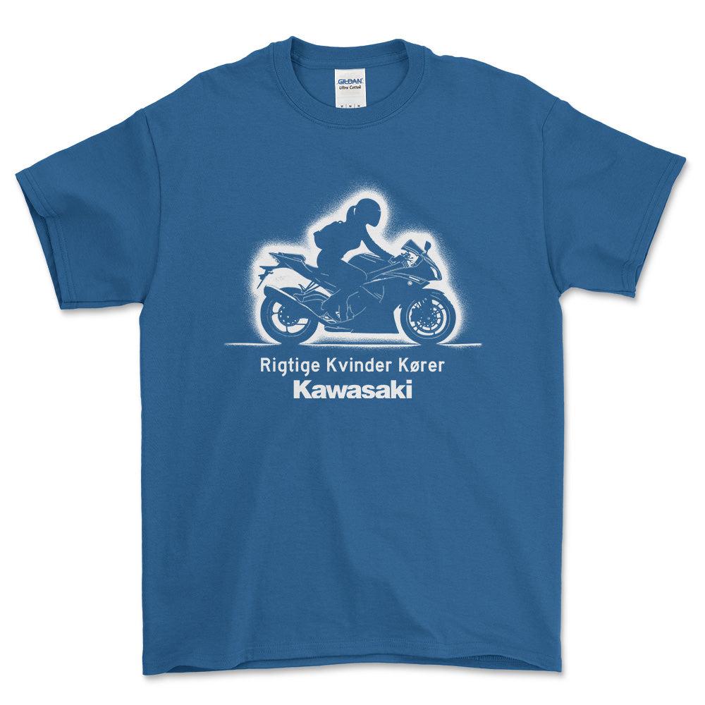 Kawasaki Rigtige Kvinder Kører - Unisex T-Shirt , Bomuld-Beklædning-Kawasaki-Blå Royal-S-Forside-Garage Culture Shop- garage - man cave - merchandise