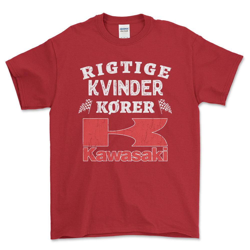 Kawasaki Rigtige Kvinder Kører - Unisex T-Shirt , Bomuld-Beklædning-Kawasaki-Rød-S-Forside-Garage Culture Shop- garage - man cave - merchandise