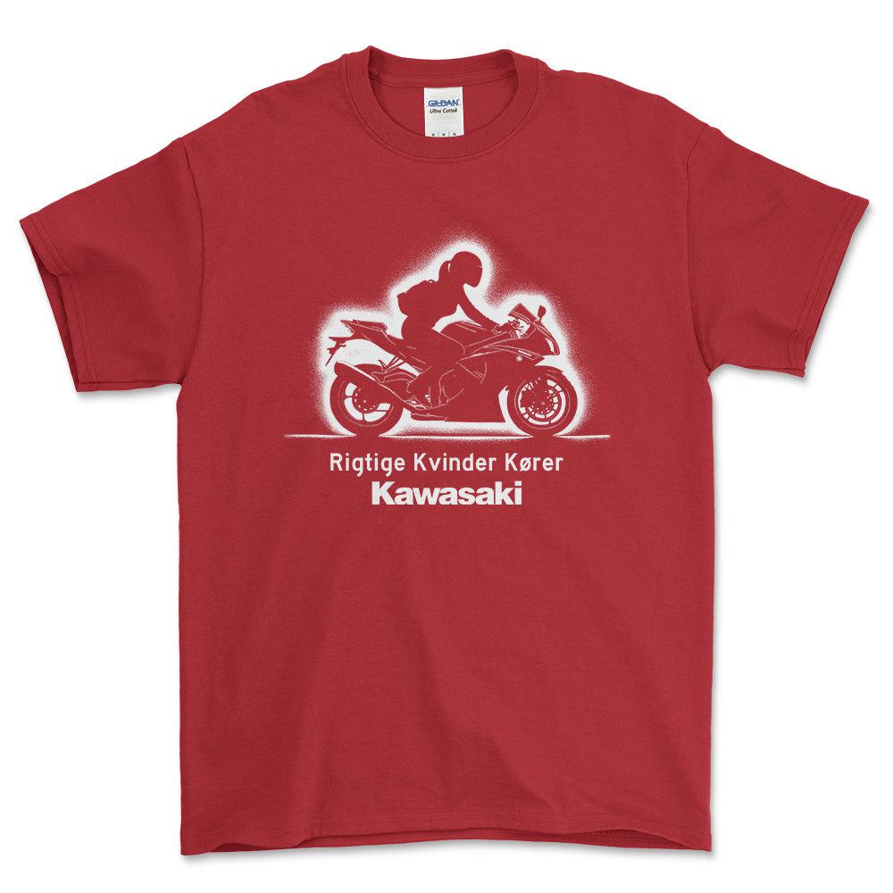 Kawasaki Rigtige Kvinder Kører - Unisex T-Shirt , Bomuld-Beklædning-Kawasaki-Rød-S-Forside-Garage Culture Shop- garage - man cave - merchandise