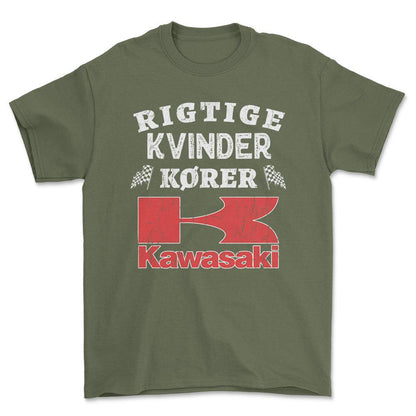 Kawasaki Rigtige Kvinder Kører - Unisex T-Shirt , Bomuld-Beklædning-Kawasaki-Grøn Militær-S-Forside-Garage Culture Shop- garage - man cave - merchandise