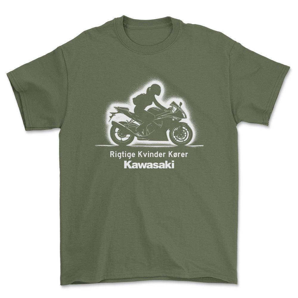 Kawasaki Rigtige Kvinder Kører - Unisex T-Shirt , Bomuld-Beklædning-Kawasaki-Grøn Militær-S-Forside-Garage Culture Shop- garage - man cave - merchandise