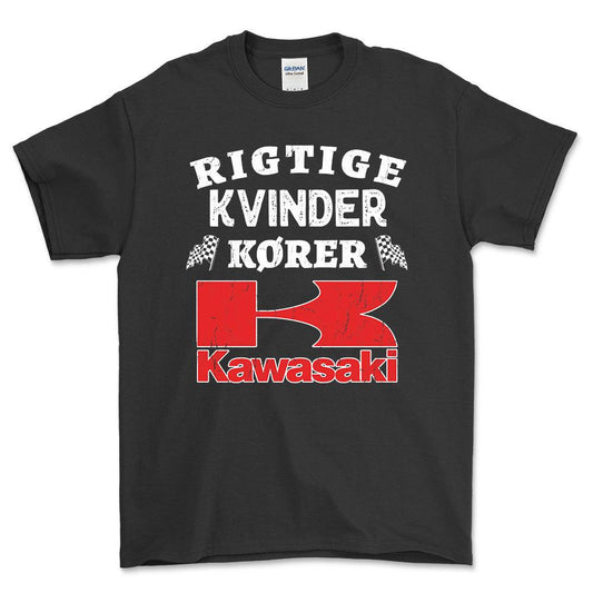 Kawasaki Rigtige Kvinder Kører - Unisex T-Shirt , Bomuld-Beklædning-Kawasaki-Sort-S-Forside-Garage Culture Shop- garage - man cave - merchandise