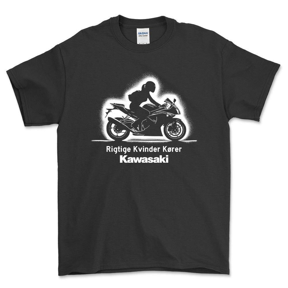 Kawasaki Rigtige Kvinder Kører - Unisex T-Shirt , Bomuld-Beklædning-Kawasaki-Sort-S-Forside-Garage Culture Shop- garage - man cave - merchandise