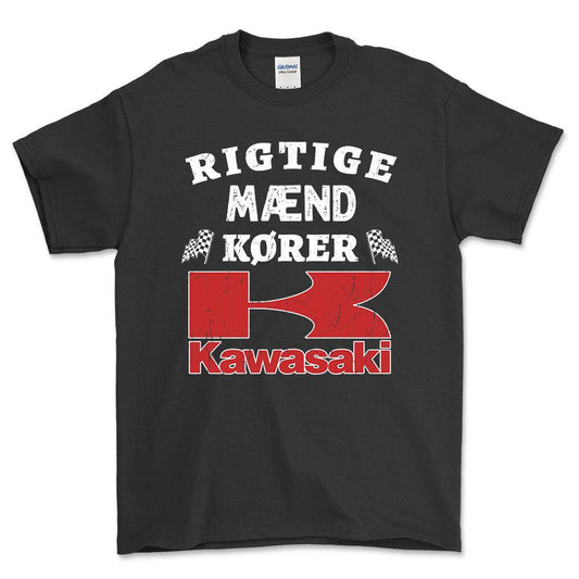 Kawasaki Rigtige Mænd Kører - Unisex T-Shirt , Bomuld-Beklædning-Kawasaki-Sort-S-Forside-Garage Culture Shop- garage - man cave - merchandise