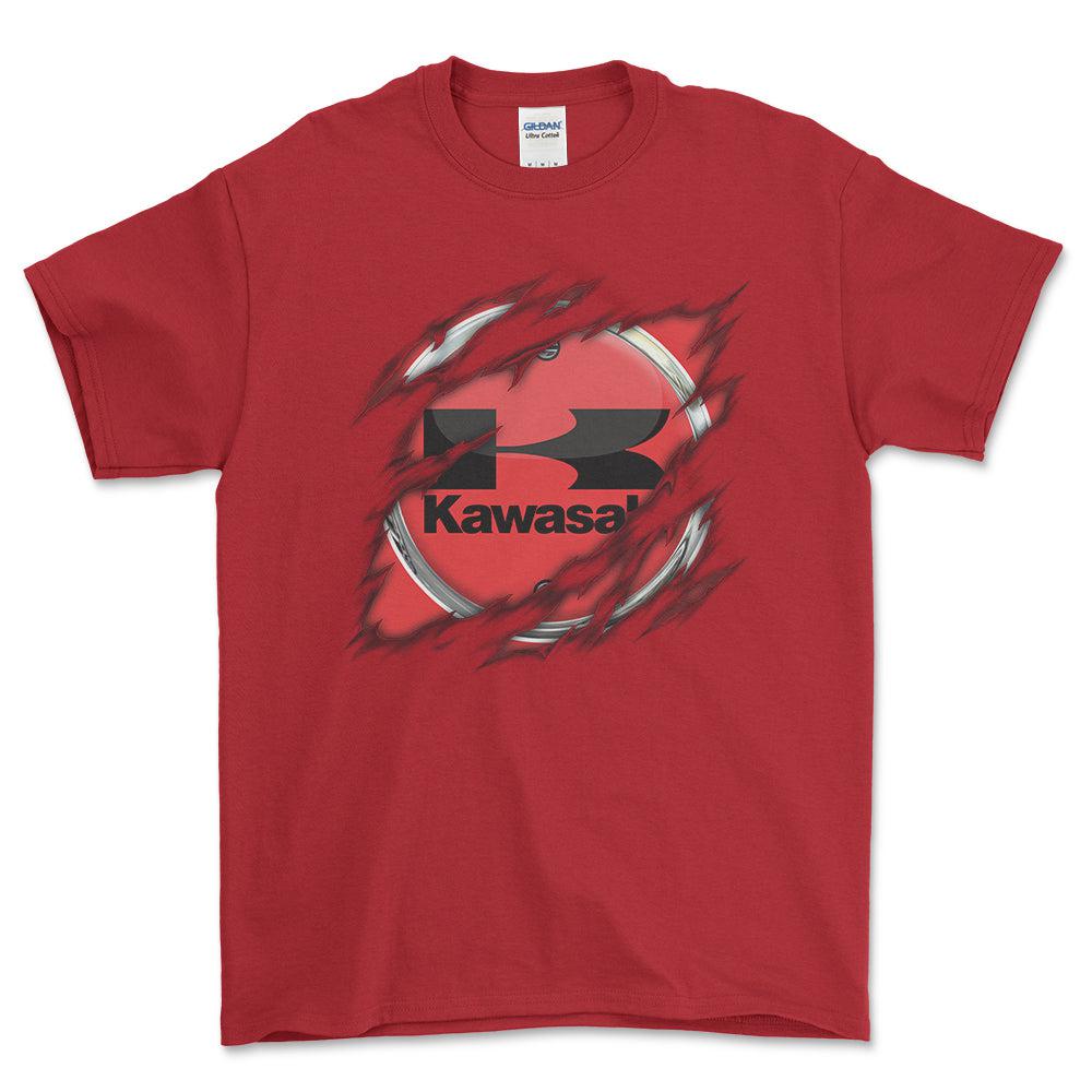 Kawasaki Ripped Unisex T-Shirt , Bomuld-Beklædning-Kawasaki-Rød-S-Forside-Garage Culture Shop- garage - man cave - merchandise