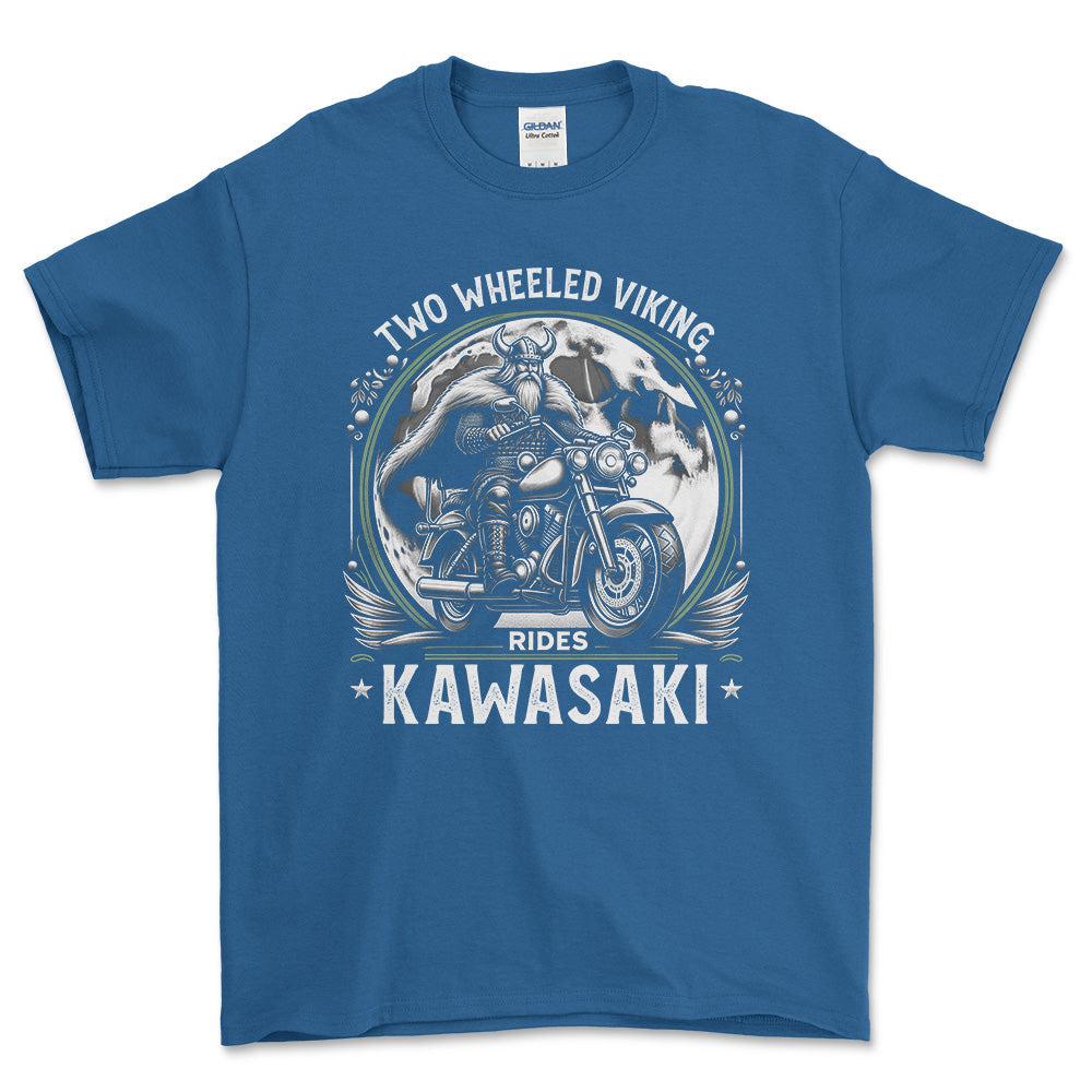 Kawasaki Two Wheeled Viking Rides Kawasaki - Unisex T-Shirt , Bomuld-Beklædning-Kawasaki-Blå Royal-S-Forside-Garage Culture Shop- garage - man cave - merchandise