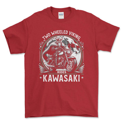 Kawasaki Two Wheeled Viking Rides Kawasaki - Unisex T-Shirt , Bomuld-Beklædning-Kawasaki-Rød-S-Forside-Garage Culture Shop- garage - man cave - merchandise