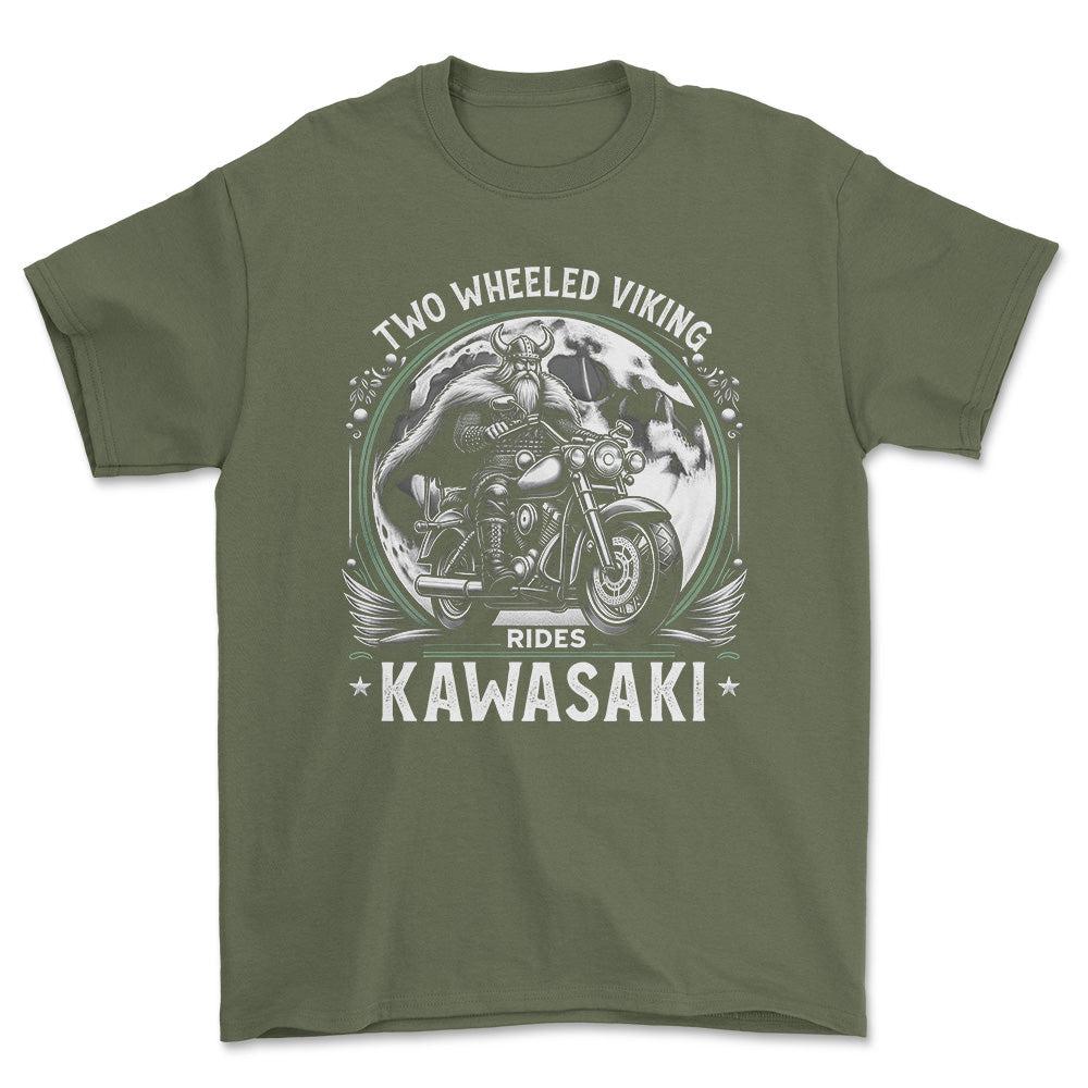 Kawasaki Two Wheeled Viking Rides Kawasaki - Unisex T-Shirt , Bomuld-Beklædning-Kawasaki-Grøn Militær-S-Forside-Garage Culture Shop- garage - man cave - merchandise