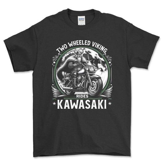 Kawasaki Two Wheeled Viking Rides Kawasaki - Unisex T-Shirt , Bomuld-Beklædning-Kawasaki-Sort-S-Forside-Garage Culture Shop- garage - man cave - merchandise