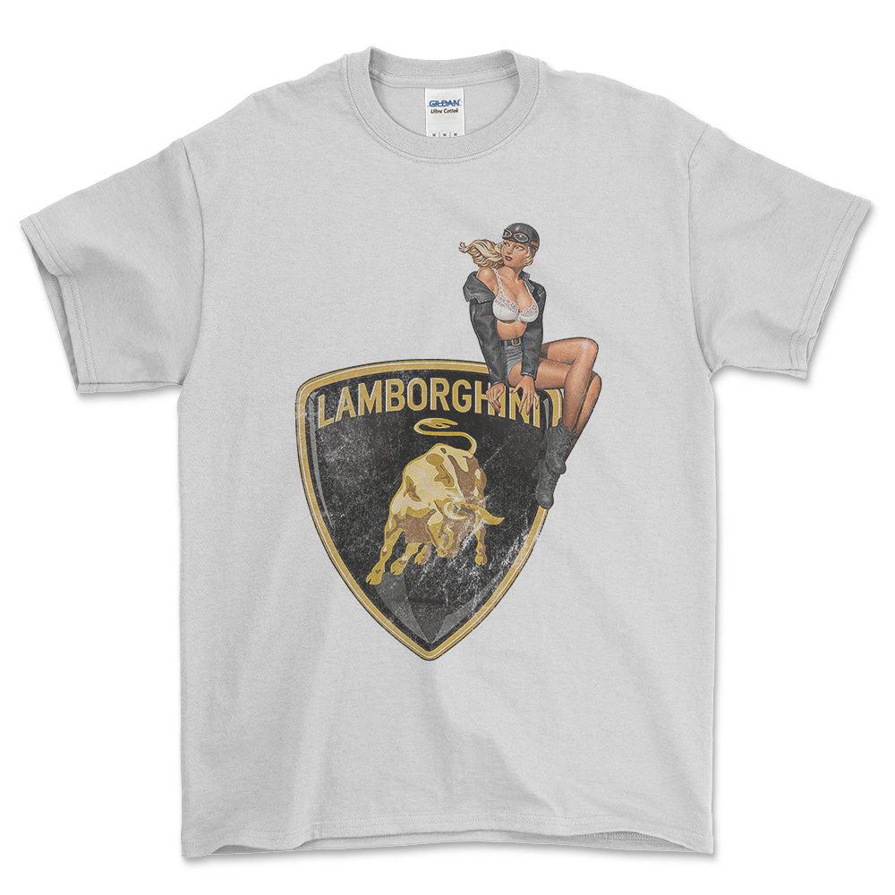 Lamborghini Pinup - Unisex T-Shirt , Bomuld-Beklædning-Lamborghini-Hvid-S-Forside-Garage Culture Shop- garage - man cave - merchandise