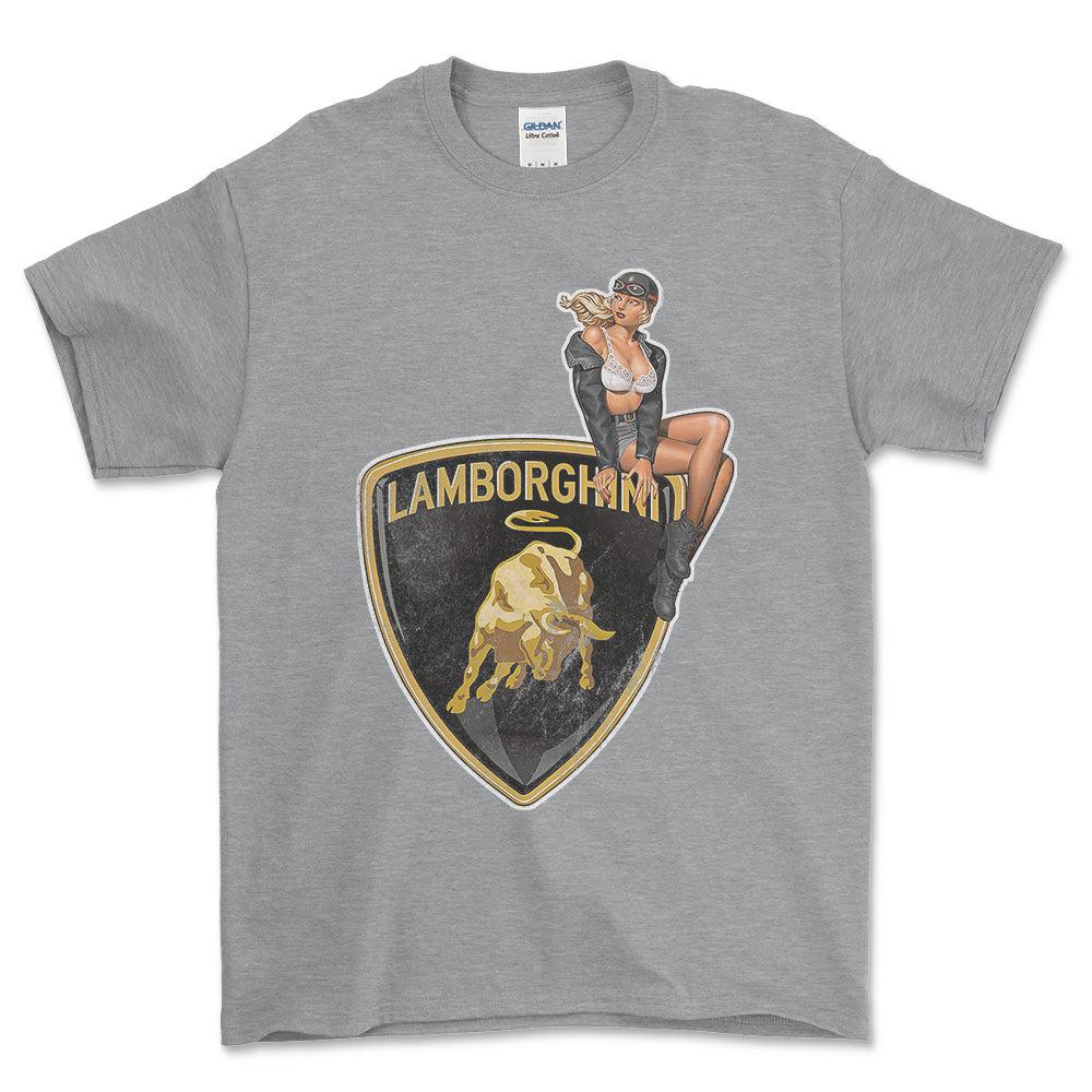 Lamborghini Pinup - Unisex T-Shirt , Bomuld-Beklædning-Lamborghini-Grå Sport-S-Forside-Garage Culture Shop- garage - man cave - merchandise