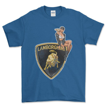 Lamborghini Pinup - Unisex T-Shirt , Bomuld-Beklædning-Lamborghini-Blå Royal-S-Forside-Garage Culture Shop- garage - man cave - merchandise