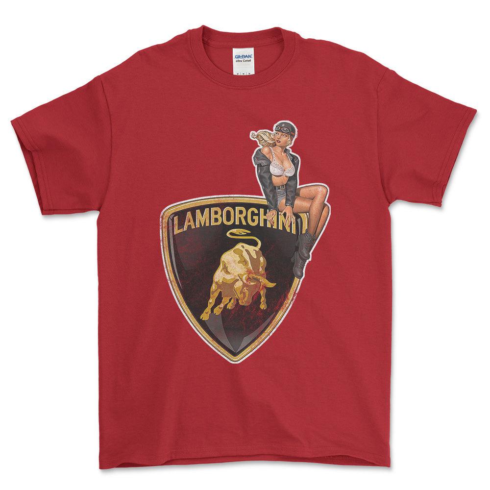 Lamborghini Pinup - Unisex T-Shirt , Bomuld-Beklædning-Lamborghini-Rød-S-Forside-Garage Culture Shop- garage - man cave - merchandise